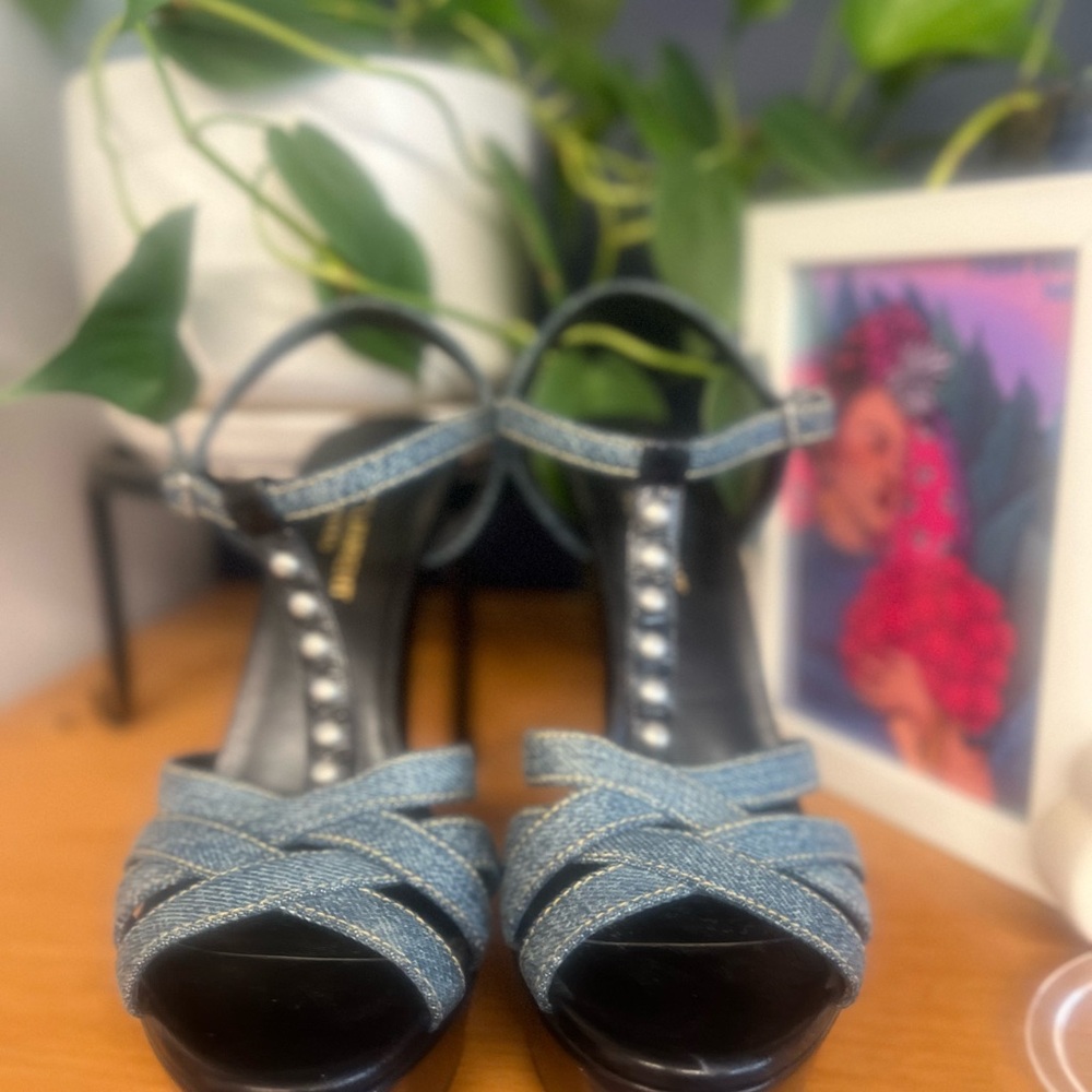 YSL Denim Tribute Strappy Sandals